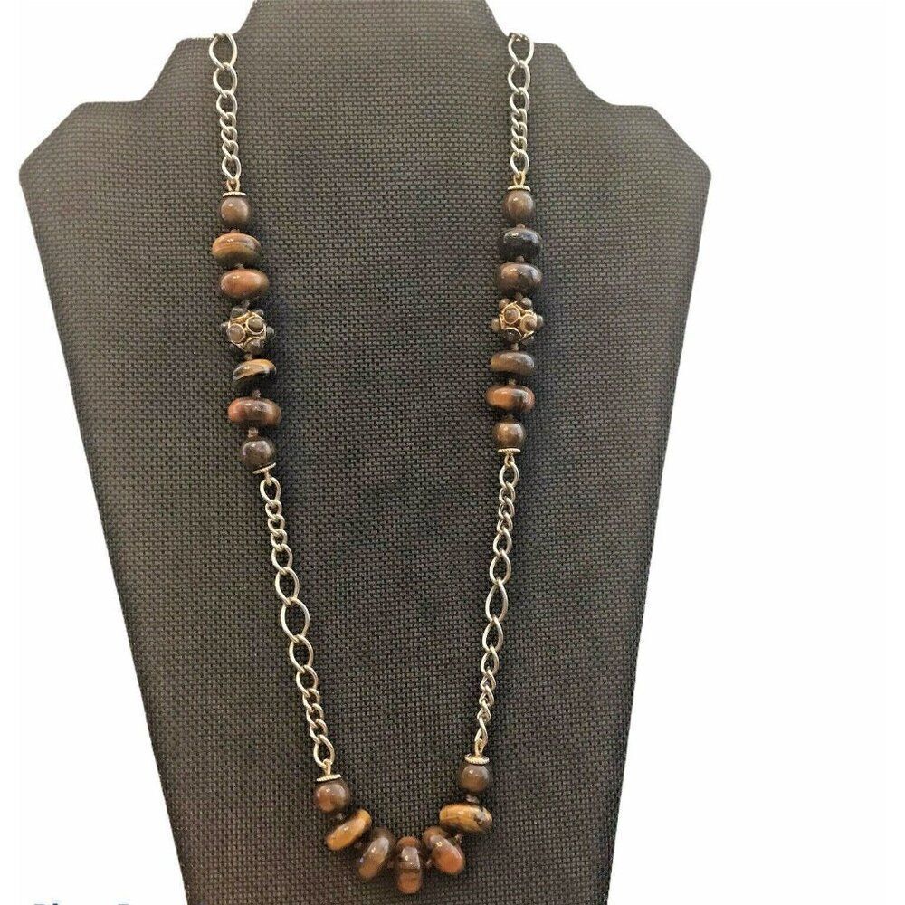 Tigers Eye Beaded Long Necklace Cluster Rhinestones Gold Tone Chain Link Monet
